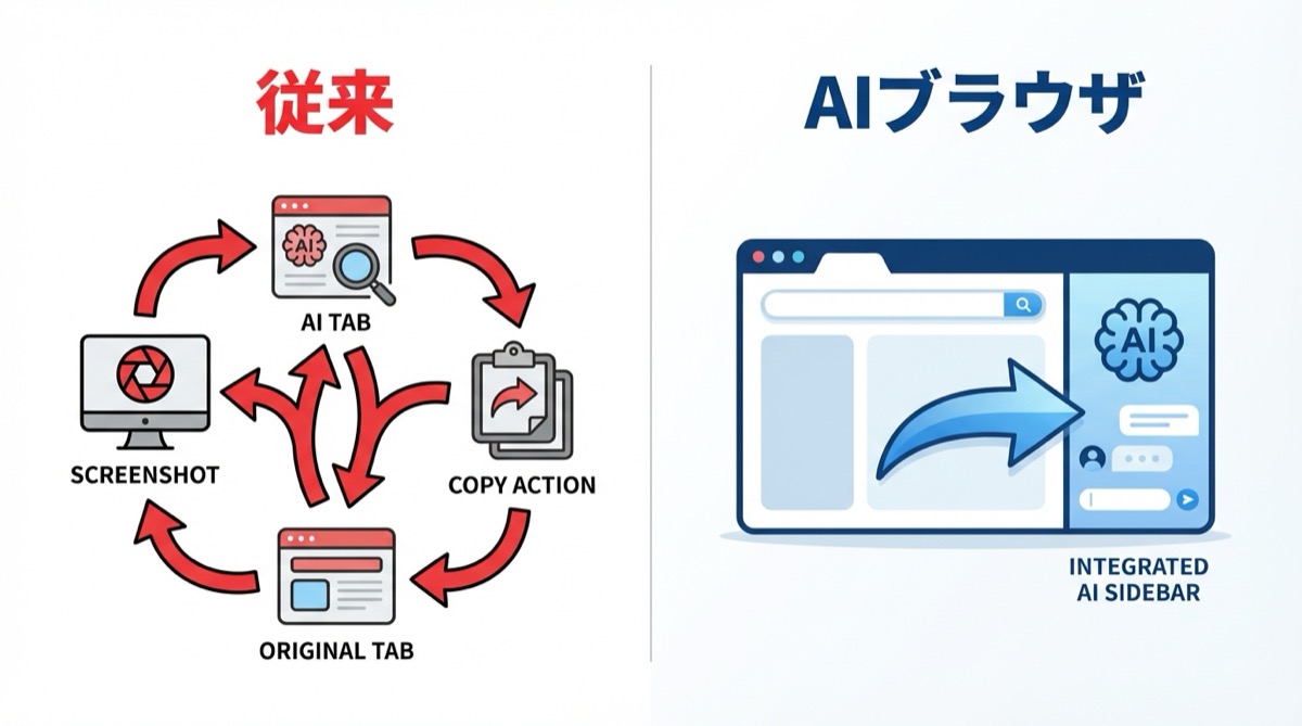 従来のやり方とAIブラウザの比較
