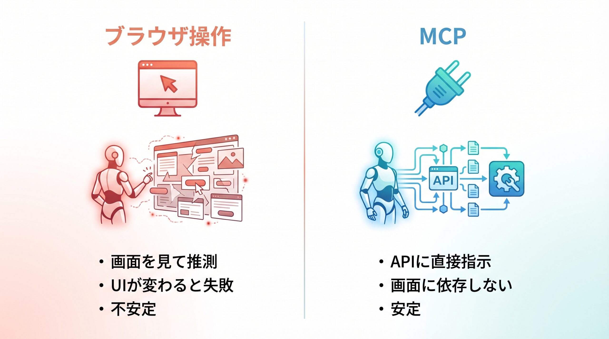 ブラウザ操作とMCPの比較図