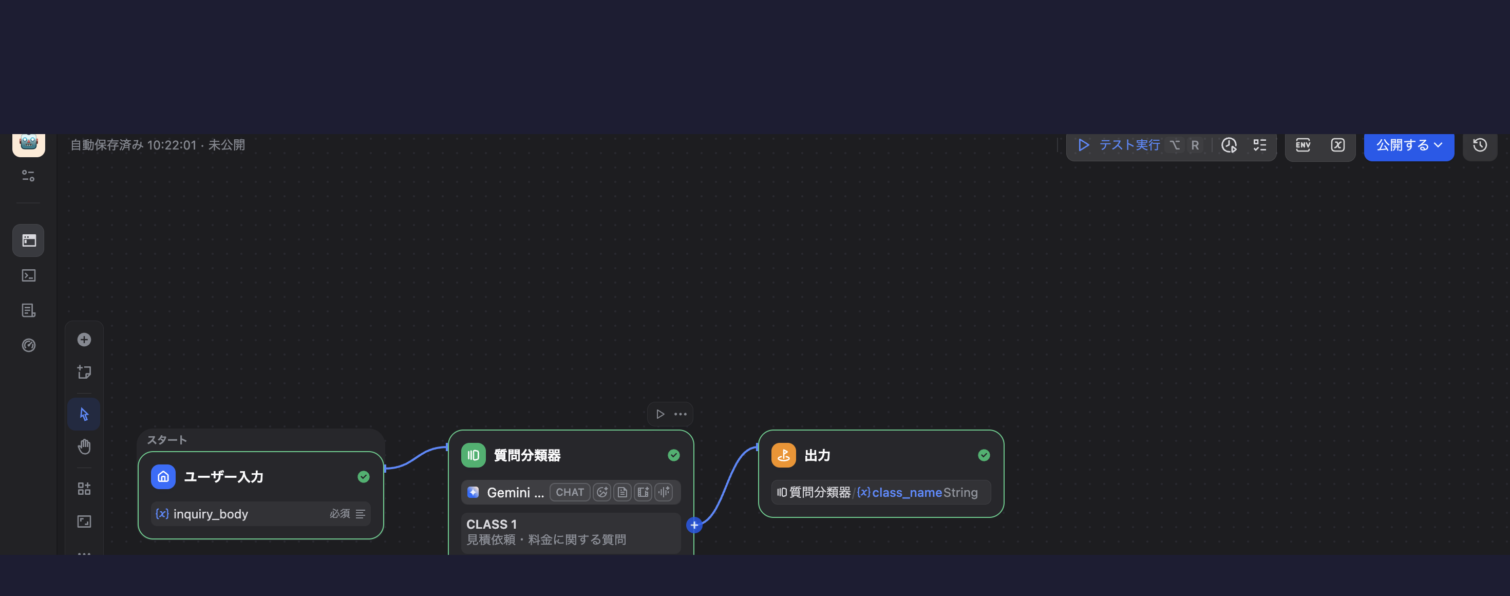 Difyワークフロー全景（スタート→質問分類器→出力の3ノード構成）